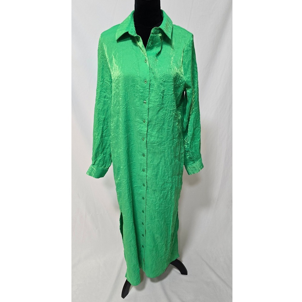 Topshop women 12 green satin crinkle textured long sleeve button up dress